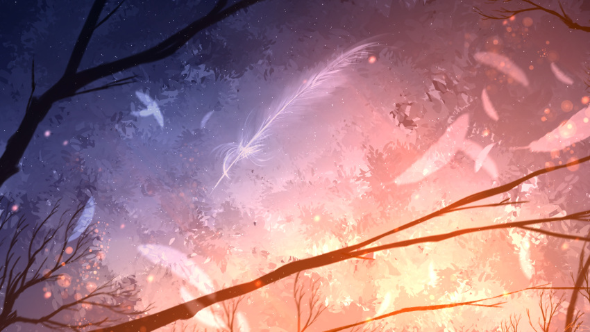 bare_tree branch feathers gradient_sky highres night night_sky no_humans orange_sky original outdoors rune_xiao scenery sky tree white_feathers