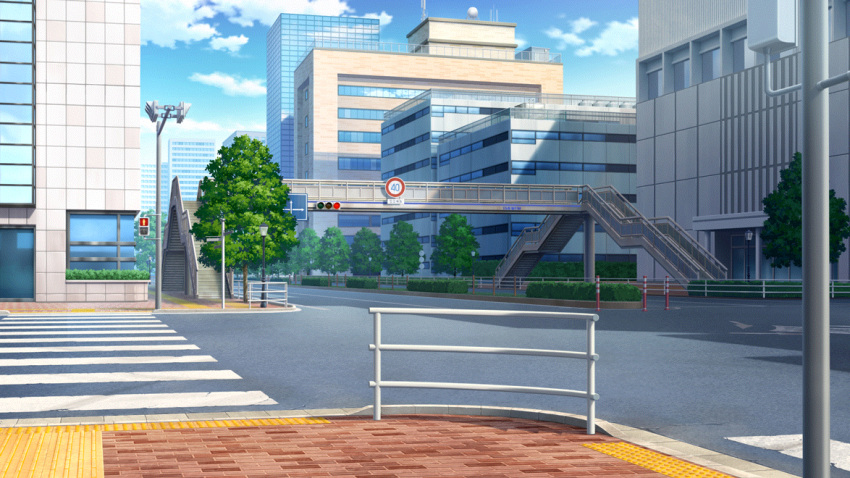 blue_sky bridge building city clouds crosswalk day film_grain game_cg izumi_tsubasu lamppost no_humans non-web_source official_art outdoors railing re:stage! road road_sign scenery sign sky stairs street traffic_light