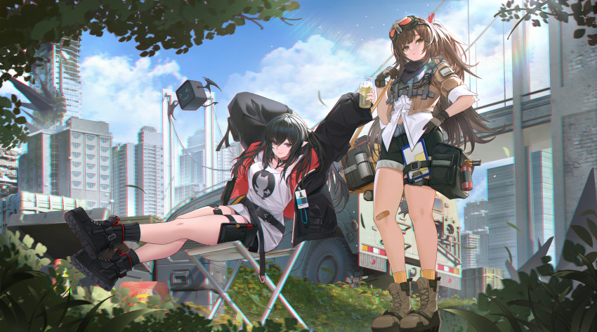 2girls absurdres arknights arms_up bag bandaid bandaid_on_knee bandaid_on_leg black_footwear black_hair black_jacket black_shorts black_socks boots box bridge brown_footwear brown_hair building car chair cityscape closure_(arknights) clouds cloudy_sky commission crossover cup drone full_body girls'_frontline_2:_exilium girls_frontline github gloves goggles goggles_on_head hair_between_eyes hand_on_own_hip highres holding holding_cup id_card jacket lan_liyu_renzi lanyard lens_flare logo_parody long_hair looking_at_viewer mayling_shen_(girls'_frontline_2) motor_vehicle multiple_girls open_clothes open_jacket outdoors pointy_ears red_eyes red_jacket scenery second-party_source shirt shorts sitting sky smile socks thighs traffic_cone two-sided_fabric two-sided_jacket white_shirt