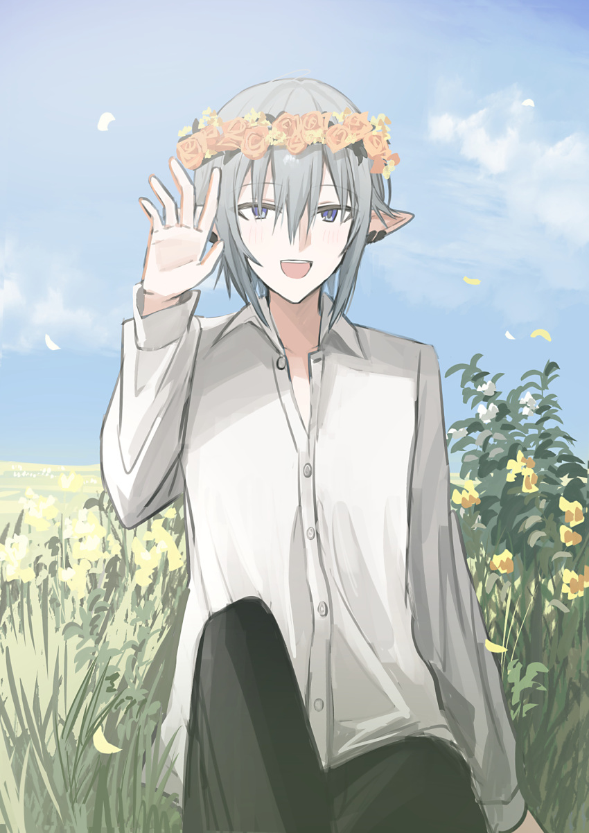 1boy :d black_pants blue_eyes blue_sky blush chihuri clouds collared_shirt day dress_shirt final_fantasy final_fantasy_xiv flower flower_wreath grey_hair hair_between_eyes hand_up haurchefant_greystone head_wreath highres long_sleeves looking_at_viewer male_focus on_grass outdoors pants pink_flower pink_rose pointy_ears rose shirt sitting sky smile solo white_shirt