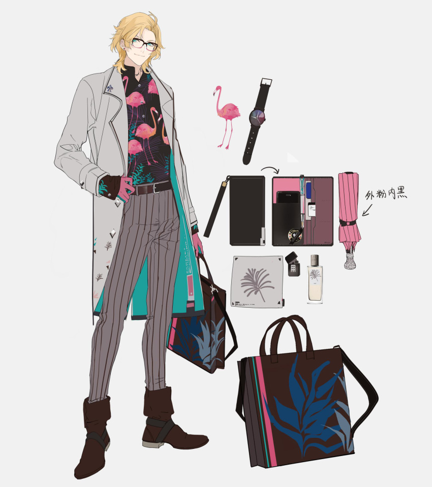 1boy adjusting_clothes ankle_boots aqua_coat aqua_eyes aqua_gloves bag belt belt_buckle bespectacled black_shirt blonde_hair boots bottle brown_bag brown_belt brown_footwear buckle buttons cellphone closed_mouth closed_umbrella coat collared_shirt diamond_button earrings equipment_layout flamingo_print fold-over_boots for_all_time glasses gloves grey_coat grey_pants hair_slicked_back handkerchief highres holding holding_bag jewelry lapels leaf_print lighter long_sleeves looking_at_viewer luo_xia male_focus nineo notched_lapels official_art open_collar pants pen perfume_bottle phone pink_gloves pinstripe_pants pinstripe_pattern reference_sheet shirt short_hair simple_background sleeves_past_wrists smartphone smile solo standing striped stud_earrings trench_coat two-sided_coat two-sided_fabric two-tone_gloves umbrella wallet watch watch white_background