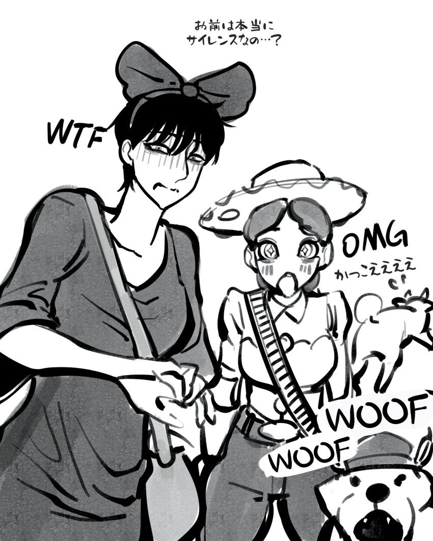 2girls :o ayaki_d bag bandolier belt_buckle bow breasts buckle check_translation commentary_request cosplay cowboy_hat dog dress fangs frown greyscale hair_bow hairband hat highres holding holding_bag jessie_the_yodeling_cowgirl jessie_the_yodeling_cowgirl_(cosplay) kiki_(majo_no_takkyuubin) kiki_(majo_no_takkyuubin)_(cosplay) loki_(marvel) loki_(marvel)_(cosplay) long_dress majo_no_takkyuubin marvel medium_breasts monochrome multiple_girls open_mouth original red-haired_girl_(ayaki) short_hair thor_(marvel) thor_(marvel)_(cosplay) tomoka_(ayaki) toy_story translation_request