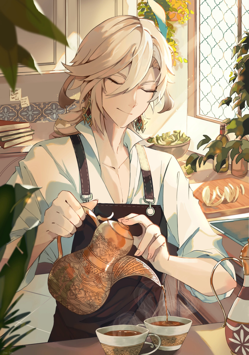 1boy absurdres apron blonde_hair book book_stack closed_eyes closed_mouth cup cutting_board day drink fingernails food genshin_impact hair_between_eyes hair_ornament highres holding holding_teapot indoors kaveh_(genshin_impact) kitchen light_smile long_hair male_focus nya_deko onion plant potted_plant pouring shirt sleeves_rolled_up smile solo tea teacup teapot upper_body vegetable window