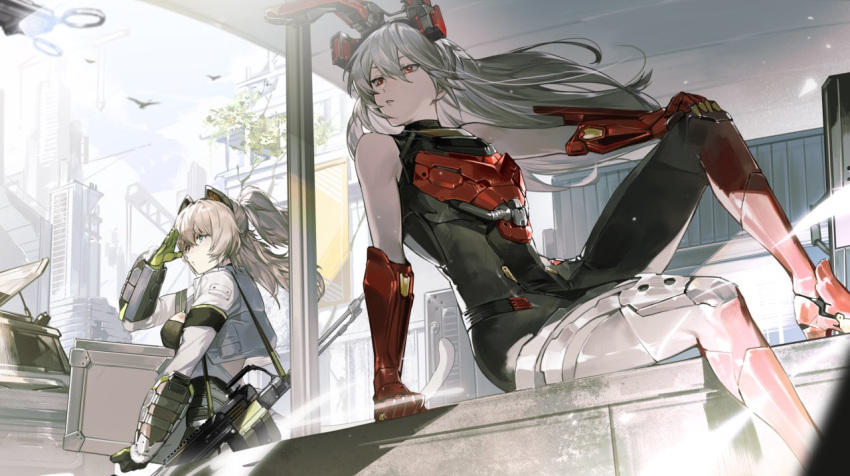 2girls arm_support arm_up bird blue_eyes bokyo box breasts carrying charolic_(girls'_frontline_2) cityscape floating_hair girls'_frontline_2:_exilium girls_frontline grey_hair gun gun_sling hand_on_own_knee holding holding_box long_hair looking_to_the_side machine_gun multiple_girls parted_lips peritya_(girls'_frontline_2) pkp_pecheneg red_eyes sitting tree weapon
