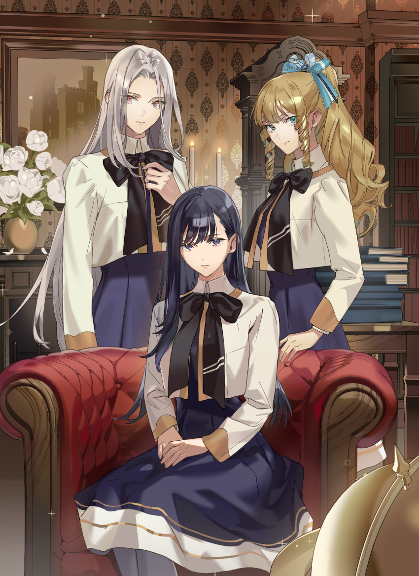 3girls akuyaku_reijou_tachi_wa_yuruganai armchair black_bow black_bowtie black_hair blonde_hair blue_bow blue_dress blue_eyes book book_stack bookshelf bow bowtie candle chair choppy_bangs clock closed_mouth collared_shirt cover cover_page cropped_jacket curly_hair dress drill_hair drill_sidelocks expressionless feet_out_of_frame flower globe grandfather_clock grey_hair grey_pantyhose group_picture hair_behind_ear hair_bow hand_on_own_chest haruno_taku high_ponytail highres indoors jacket lips long_hair long_sleeves looking_at_viewer looking_to_the_side medium_dress multiple_girls novel_cover official_art own_hands_together pantyhose parted_bangs petals photo_(object) picture_frame red_eyes rose shirt sidelocks sitting sparkle standing straight_hair table uniform wallpaper_(object) white_flower white_jacket white_rose white_shirt