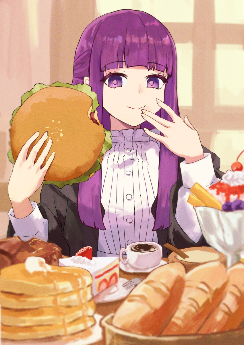 1girl black_jacket blunt_bangs bread burger buttons cake cake_slice cherry chewing clip_studio_paint_(medium) closed_mouth coffee cream cup eating fern_(sousou_no_frieren) fingernails food fork frilled_shirt frills fruit hand_to_own_mouth hand_up highres holding holding_food ice_cream_cup jacket long_hair long_sleeves looking_at_viewer making-of_available plate purple_hair ryoha_kosako saucer shirt sidelocks solo sousou_no_frieren strawberry teacup upper_body video_thumbnail violet_eyes white_shirt
