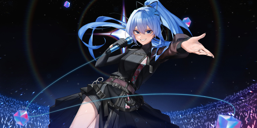 1girl audience belt black_gloves black_nails blue_eyes blue_hair breasts crowd earrings floating_hair gloves grin high_ponytail highres hololive hoshimachi_suisei hoshimachi_suisei_(shout_in_crisis) jewelry long_hair microphone multiple_belts night night_sky official_alternate_costume open_hand outstretched_arm raeis short_shorts shorts single_glove sky small_breasts smile solo stadium star_(symbol) star_in_eye stud_earrings symbol_in_eye very_long_hair virtual_youtuber