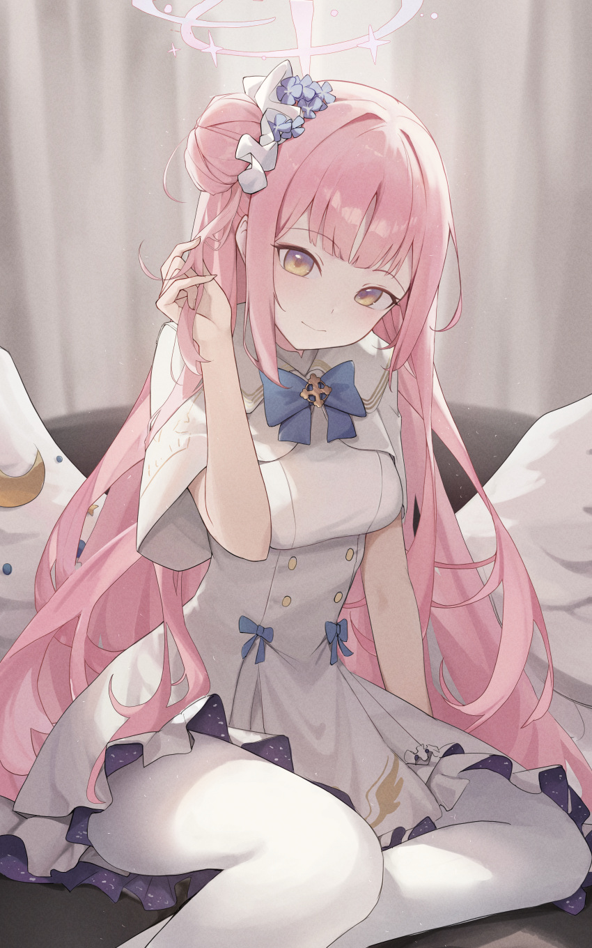 1girl absurdres angel_wings blue_archive blush breasts capelet closed_mouth crescent crescent_pin dress feathered_wings flower gmi_(jimmyovob) hair_bun hair_flower hair_ornament halo highres long_hair looking_at_viewer medium_breasts mika_(blue_archive) pantyhose pink_hair pink_halo purple_flower single_side_bun smile solo white_capelet white_dress white_pantyhose white_wings wings yellow_eyes