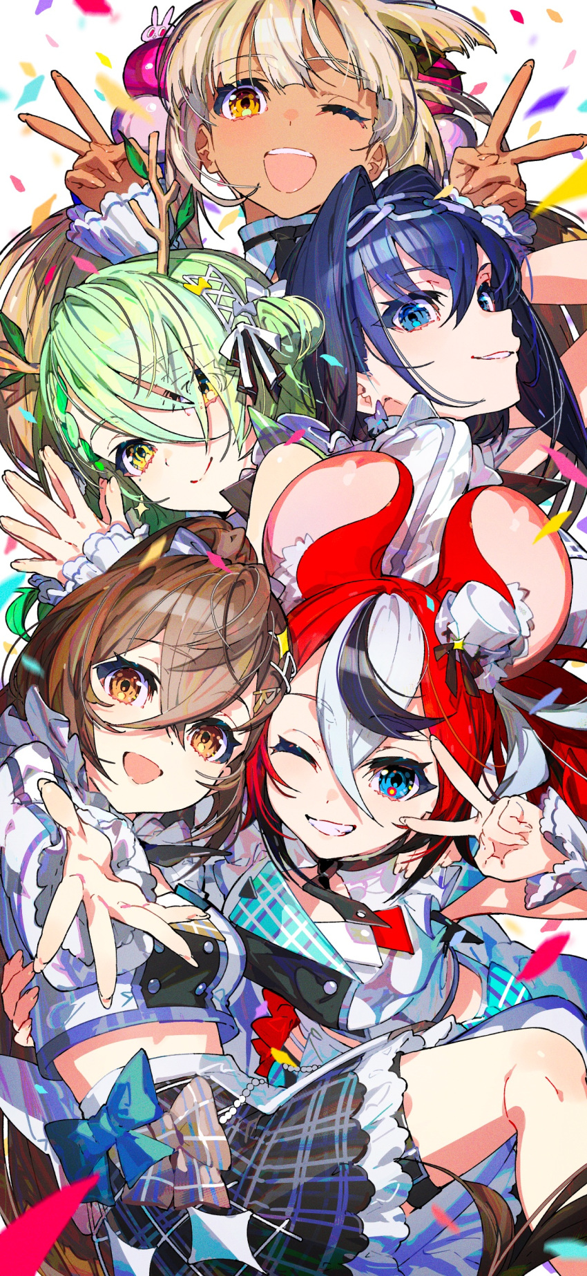 5girls :d absurdres animal_ears black_hair blonde_hair blue_eyes blue_hair brown_eyes brown_hair ceres_fauna confetti double_v green_hair grin hakos_baelz hand_on_another's_back highres holocouncil hololive hololive_english looking_at_viewer mika_pikazo mouse_ears multicolored_hair multiple_girls nanashi_mumei one_eye_closed orange_eyes ouro_kronii outstretched_hand redhead smile tsukumo_sana v white_background white_hair yellow_eyes
