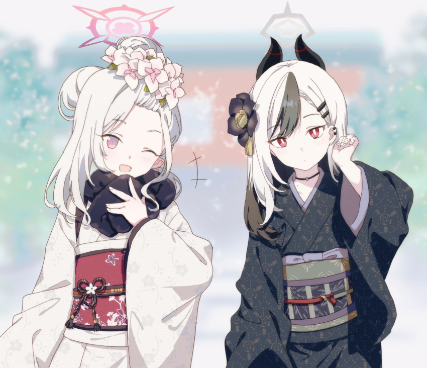 +++ 2girls black_hair black_kimono blue_archive blush closed_mouth flower grey_halo hair_flower hair_ornament halo highres japanese_clothes kayoko_(blue_archive) kayoko_(new_year)_(blue_archive) kimono long_hair long_sleeves looking_at_viewer migolu multicolored_hair multiple_girls mutsuki_(blue_archive) mutsuki_(new_year)_(blue_archive) obi official_alternate_costume one_eye_closed open_mouth pink_flower pink_halo red_eyes sash smile violet_eyes white_hair white_kimono wide_sleeves