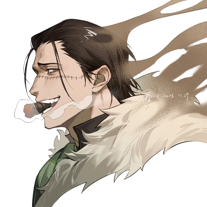 1boy ascot black_hair black_shirt cigar coat crocodile_(one_piece) dated dissolving from_side fur-trimmed_coat fur_trim green_ascot grey_eyes hair_slicked_back highres jyukawa looking_at_viewer loose_hair_strand male_focus one_piece open_mouth partially_colored profile sand scar scar_on_face shirt short_hair signature smile smoking solo white_background