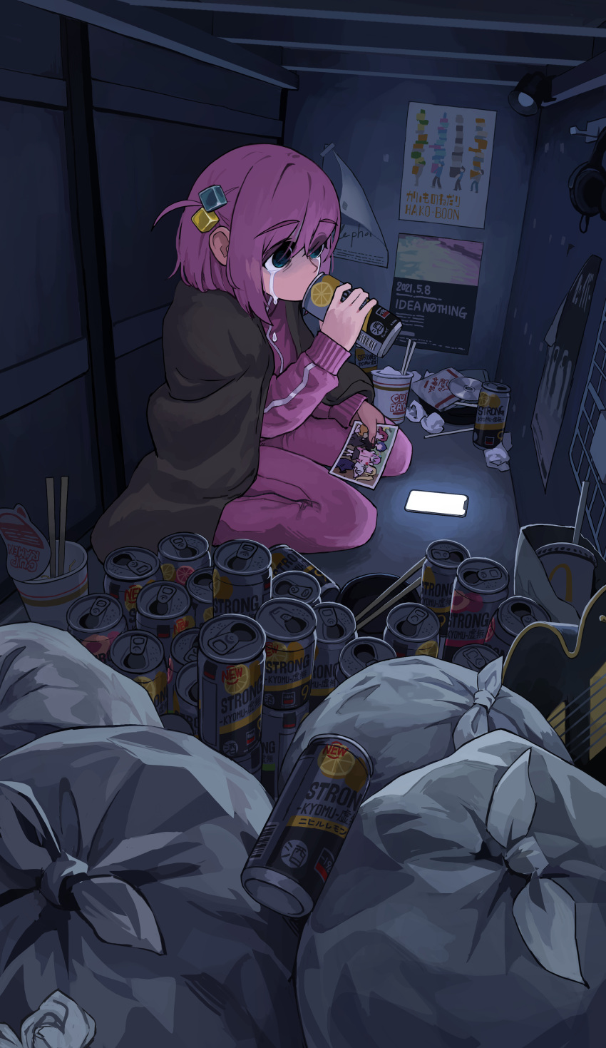 1girl absurdres alcohol beer beer_can blanket blue_eyes bocchi_the_rock! can cellphone chopsticks commentary_request crying crying_with_eyes_open desk_lamp drinking dvd_(object) gotoh_hitori guitar highres holding holding_photo ijichi_nijika indoors instrument jacket kita_ikuyo lamp long_hair long_sleeves osakechan0 pants phone photo_(object) pink_hair pink_jacket pink_pants ramen sitting smartphone solo tears track_jacket trash trash_bag used_tissue yamada_ryo