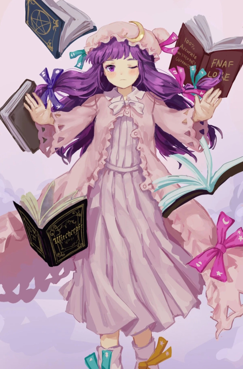 1girl blush book embodiment_of_scarlet_devil english_text himuhino moon_(ornament) patchouli_knowledge purple_background purple_eyes purple_hair solo touhou