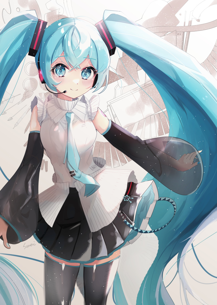 1girl absurdres blue_eyes blue_hair blush collared_shirt hatsune_miku headset highres long_hair long_sleeves looking_at_viewer necktie paper piano_keys pleated_skirt see-through see-through_sleeves shirt skirt sleeveless sleeveless_shirt smile solo sorami thigh-highs twintails very_long_hair vocaloid