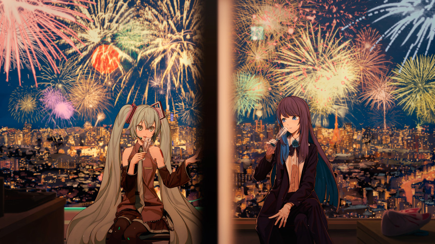2girls absurdres ado_(utaite) aerial_fireworks aqua_eyes aqua_hair aqua_necktie bare_shoulders black_bow black_bowtie black_coat black_hair black_thighhighs blue_eyes blue_flower blue_hair blue_rose bow bowtie champagne_flute chando_(ado) city_lights closed_mouth cloud_nine_inc coat colored_inner_hair commentary_request crossed_legs cup detached_sleeves dress_shirt drinking_glass earpiece exit_sign fireworks flower flower_brooch fox_mask gloves grey_shirt hair_between_eyes hatsune_miku highres holding holding_cup long_hair long_sleeves mask moon multicolored_hair multiple_girls necktie night open_clothes open_coat reflection rose shirt sitting sky sleeveless sleeveless_shirt star_(sky) starry_sky thigh-highs tokyo_(city) tokyo_tower tokyo_wa_yoru_(vocaloid) turu twintails two-tone_hair utaite vocaloid white_gloves white_shirt