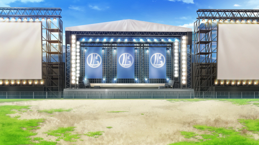 blue_sky building clouds day dirt fence film_grain game_cg grass izumi_tsubasu light_bulb no_humans non-web_source official_art outdoors re:stage! scenery screen sky speaker stage stage_lights