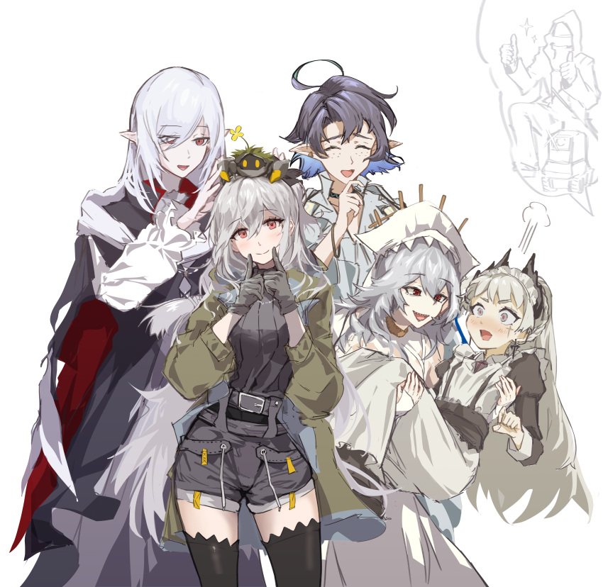 1boy 1other 4girls :d absurdres ahoge ambiguous_gender animal apron arknights bare_shoulders belt belt_buckle black_bow black_choker black_cloak black_coat black_dress black_hair black_thighhighs black_wings blue_hair blue_ribbon blush bow bracelet braid breasts buckle camera carrying carrying_person chest_harness choker cloak closed_eyes closed_mouth coat collared_dress colored_inner_hair commentary_request contrapposto cowboy_shot crab crab_on_head cross_scar detached_sleeves double_thumbs_up dress earclip earrings eyelashes facing_ahead facing_another feathered_wings finger_to_own_chin fingersmile flustered foot_out_of_frame freckles frilled_apron frilled_shirt frilled_shirt_collar frilled_sleeves frills full_body furrowed_brow gladiia_(arknights) gladiia_(return)_(arknights) glint gloves green_coat grey_belt grey_eyes grey_gloves grey_hair grey_shorts grey_sweater hair_between_eyes hair_bow hair_flowing_over hair_over_one_eye hand_up hands_up happy harness hat hat_ornament head_steam head_tilt head_wings headdress high_collar highres hood hood_up hooded_coat infection_monitor_(arknights) invisible_floor irene_(arknights) irene_(voyage_of_feathers)_(arknights) jewelry juliet_sleeves lapels leaning leaning_forward light_blush long_bangs long_dress long_hair long_sleeves looking_afar looking_ahead looking_at_another looking_at_viewer looking_down lumen_(arknights) lumen_(golden_dream)_(arknights) maid maid_apron maid_headdress medium_breasts multicolored_hair multiple_girls necklace notched_lapels official_alternate_costume open_clothes open_coat open_mouth outstretched_hand pale_skin pants pink_pupils pointy_ears ponytail popped_collar princess_carry puffy_long_sleeves puffy_sleeves red_eyes ribbed_sweater ribbon robot scar scar_across_eye scar_on_face scarf shadow sharp_teeth shirt shoes short_hair short_ponytail short_shorts shorts side_ponytail sidelocks simple_background skadi_(arknights) skadi_(the_next_afternoon_tea)_(arknights) sleeveless sleeveless_dress sleeves_past_wrists smile specter_(arknights) specter_the_unchained_(arknights) specter_the_unchained_(born_as_one)_(arknights) speech_bubble spoken_character squatting standing star_(symbol) straight_hair string sweater swept_bangs sword_earrings teeth thigh-highs thighs thumbs_up tongue turtleneck turtleneck_sweater two-sided_cloak two-sided_coat two-sided_fabric two-tone_hair upper_body utsuke v-neck very_long_hair white_apron white_background white_dress white_hair white_headdress white_scarf white_shirt white_sleeves wing_collar wings yellow_choker