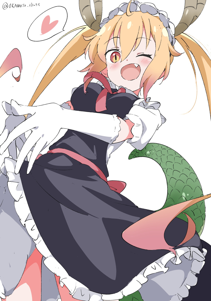 1girl absurdres back_bow black_dress blush bow breasts dragon_girl dragon_horns dragon_tail dress elbow_gloves fang frilled_dress frilled_gloves frills from_below gloves gradient_hair hair_between_eyes heart highres horns horns_through_headwear kobayashi-san_chi_no_maidragon large_breasts large_tail looking_at_viewer maid maid_headdress multicolored_hair necktie one_eye_closed open_mouth orange_eyes own_hands_together puffy_short_sleeves puffy_sleeves red_bow red_necktie scales shirt short_sleeves simple_background slit_pupils spoken_heart tail tohru_(maidragon) twintails white_gloves white_gorilla_(okamoto) white_shirt
