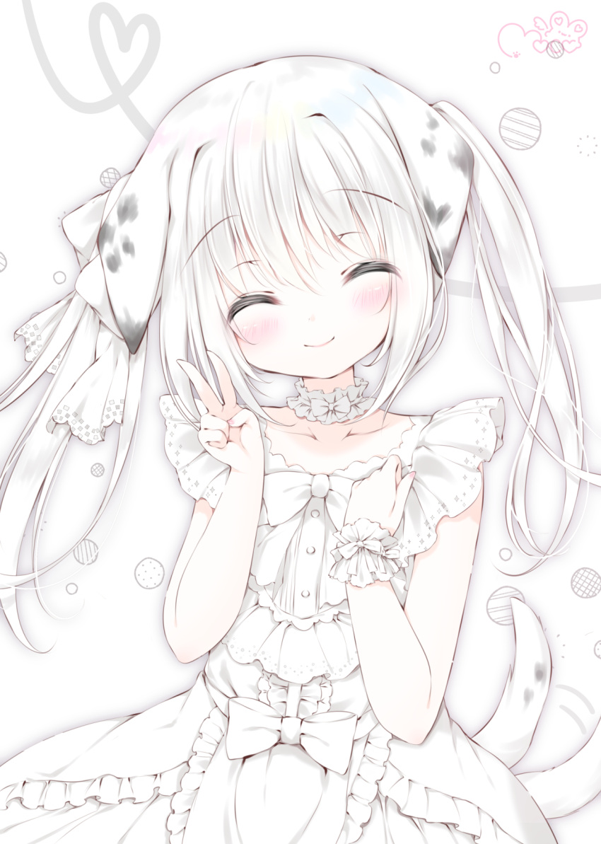 1girl animal_ears blush bow choker closed_eyes collarbone dalmatian dog_ears dog_girl dog_tail dress facing_viewer frilled_choker frilled_dress frills hair_bow hand_on_own_chest heart heart_of_string highres long_hair moco_ofuton original short_sleeves single_wrist_cuff smile solo tail twintails v white_hair wrist_cuffs