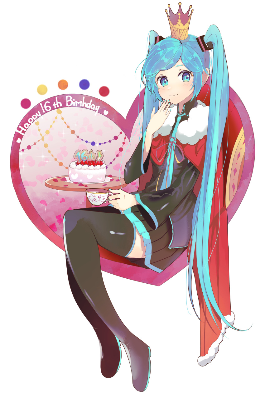 1girl absurdres birthday blue_eyes blue_hair blush boots cake cape collared_shirt crown cup food fur-trimmed_cape fur_trim hand_on_own_face happy_birthday hatsune_miku highres holding holding_cup long_hair long_sleeves looking_at_viewer mini_crown nail_polish necktie pleated_skirt shirt sitting skirt smile solo sorami spring_onion teacup thigh_boots twintails very_long_hair vocaloid