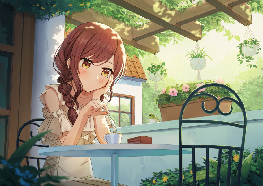 1girl alternate_costume alternate_hairstyle arm_support bird blush braid brown_hair cake chair collarbone commentary cup dress earrings flower food hand_on_own_cheek hand_on_own_face hanging_plant heart heart_earrings highres house idolmaster idolmaster_shiny_colors jewelry kurageso long_hair osaki_amana outdoors plant potted_plant reflection shade side_braid sitting spoon sunlight swept_bangs teacup window yellow_eyes