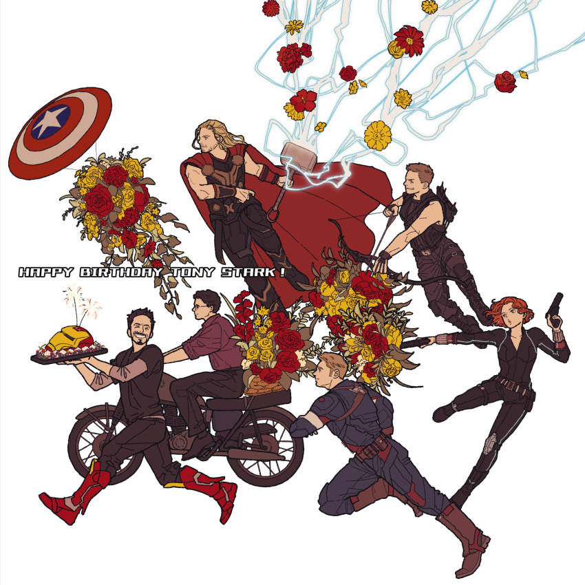 1girl 5boys armor arms_up arrow_(projectile) avengers_(series) bare_shoulders belt black_bodysuit black_footwear black_hair black_pants black_shirt black_widow blonde_hair blue_bodysuit blue_eyes bodysuit boots bouquet bow_(weapon) breasts brown_belt brown_footwear brown_hair brown_pants bruce_banner cake candle cape captain_america clint_barton closed_eyes closed_mouth collarbone collared_shirt english_text facial_hair flower flying food glasses grey_eyes gun hand_up hands_up happy_birthday hawkeye_(marvel) highres holding holding_bow_(weapon) holding_gun holding_tray holding_weapon iron_man layered_sleeves leg_up lightning long_hair long_sleeves looking_to_the_side marvel marvel_cinematic_universe medium_breasts mjolnir_(marvel) mochishio motor_vehicle motorcycle multiple_boys natasha_romanoff on_motorcycle open_mouth pants pocket purple_shirt red_armor red_cape red_flower red_rose redhead riding rose running shield shirt shoes short_hair short_over_long_sleeves short_sleeves simple_background sitting sleeveless sleeveless_shirt smile star_(symbol) steve_rogers striped superhero t-shirt teeth thor_(marvel) tony_stark tray weapon white_background yellow_flower yellow_rose