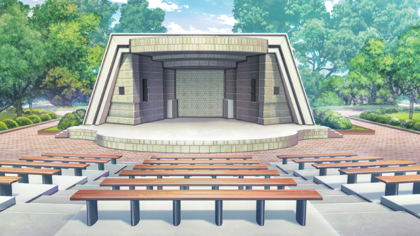 bench blue_sky brick_road bush clouds day film_grain game_cg izumi_tsubasu no_humans non-web_source official_art outdoors re:stage! sky stage stairs theater theater_seating tree