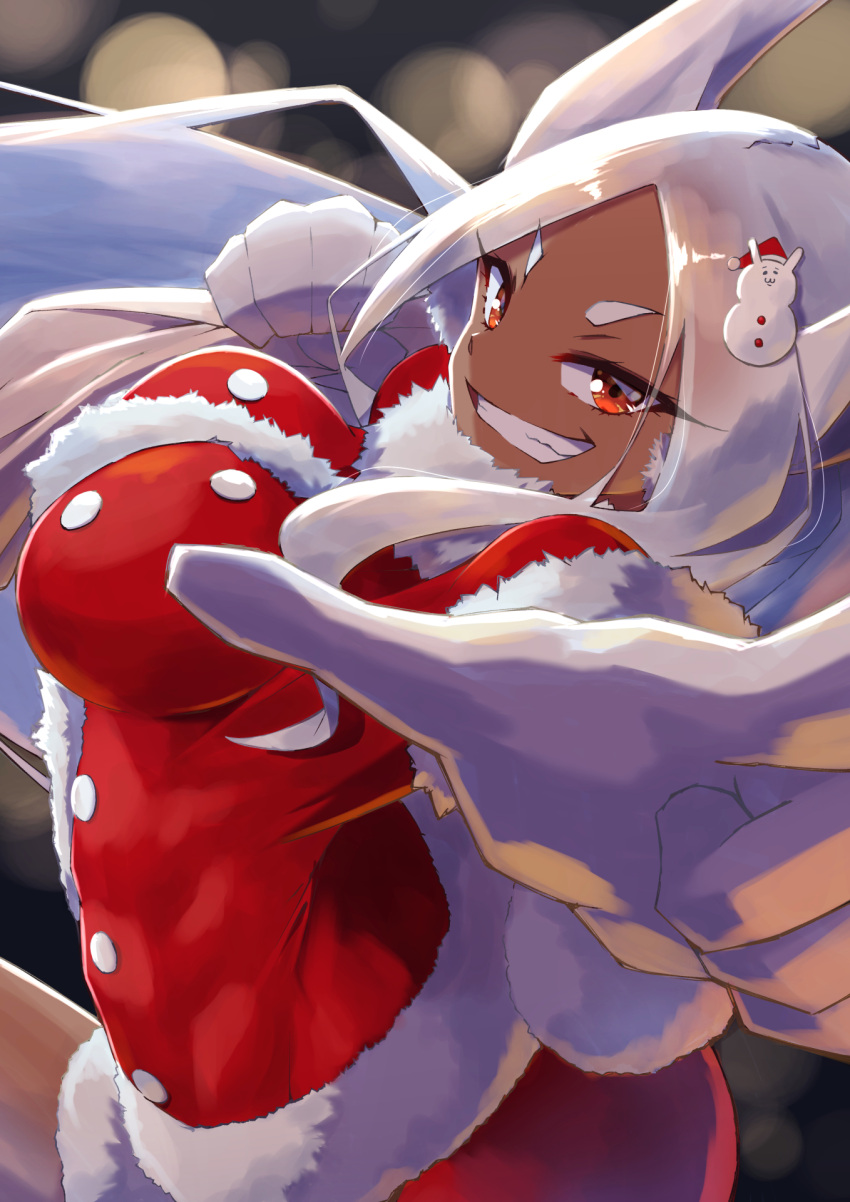 1girl animal_ears blurry blurry_background boku_no_hero_academia breasts dark-skinned_female dark_skin fur-trimmed_collar fur-trimmed_jacket fur-trimmed_skirt fur_trim gloves grin highres holding holding_sack jacket large_breasts long_eyelashes long_hair looking_at_viewer mirko rabbit_ears rabbit_girl rabbit_tail red_eyes red_jacket sack santa_costume skirt smile snowman_hair_ornament solo strail_cycleman tail upper_body very_long_hair white_gloves white_hair
