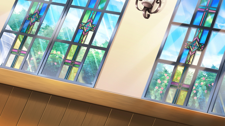 arch blue_sky clouds day dutch_angle film_grain floral_arch flower game_cg ivy izumi_tsubasu no_humans non-web_source official_art pink_flower re:stage! sky wall_lamp window