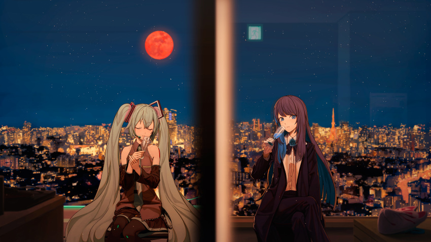 2girls absurdres ado_(utaite) aqua_eyes aqua_hair aqua_necktie bare_shoulders black_bow black_bowtie black_coat black_hair black_thighhighs blue_eyes blue_flower blue_hair blue_rose bow bowtie champagne_flute chando_(ado) city_lights closed_eyes closed_mouth cloud_nine_inc coat colored_inner_hair commentary_request crossed_legs cup detached_sleeves dress_shirt drinking_glass earpiece exit_sign flower flower_brooch fox_mask gloves grey_shirt hair_between_eyes hatsune_miku highres holding holding_cup long_hair long_sleeves mask moon multicolored_hair multiple_girls necktie night open_clothes open_coat reflection rose shirt sitting sky sleeveless sleeveless_shirt star_(sky) starry_sky thigh-highs tokyo_(city) tokyo_tower tokyo_wa_yoru_(vocaloid) turu twintails two-tone_hair utaite vocaloid white_gloves white_shirt