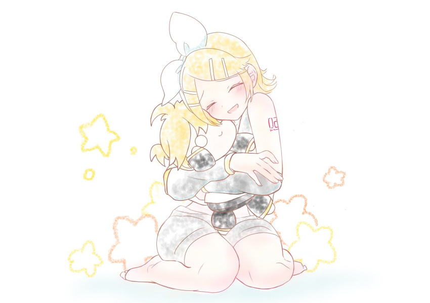 1girl ahoge arched_back bare_legs bare_shoulders barefoot blonde_hair bow character_doll chibi detached_sleeves flat_chest grey_sailor_collar grey_shorts grey_sleeves hair_bow hair_ornament hairclip happy head_tilt highres holding holding_stuffed_toy hug kagamine_len kagamine_rin kneeling konoha_mine light_blush midriff neckerchief necktie number_tattoo o_o open_mouth sailor_collar sailor_shirt shirt short_hair short_ponytail shorts shoulder_tattoo skinny sleeveless sleeveless_shirt smile so_moe_i'm_gonna_die! solo starry_background stuffed_toy swept_bangs tattoo vocaloid white_bow white_shirt