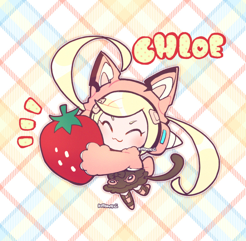 1girl :3 blonde_hair bow brown_bow brown_dress brown_footwear character_name chibi closed_eyes closed_mouth dress food fruit full_body holding holding_food holding_fruit hug jacket kotorai lucky_chloe oversized_food oversized_object pink_jacket plaid plaid_background signature solo strawberry tail tekken