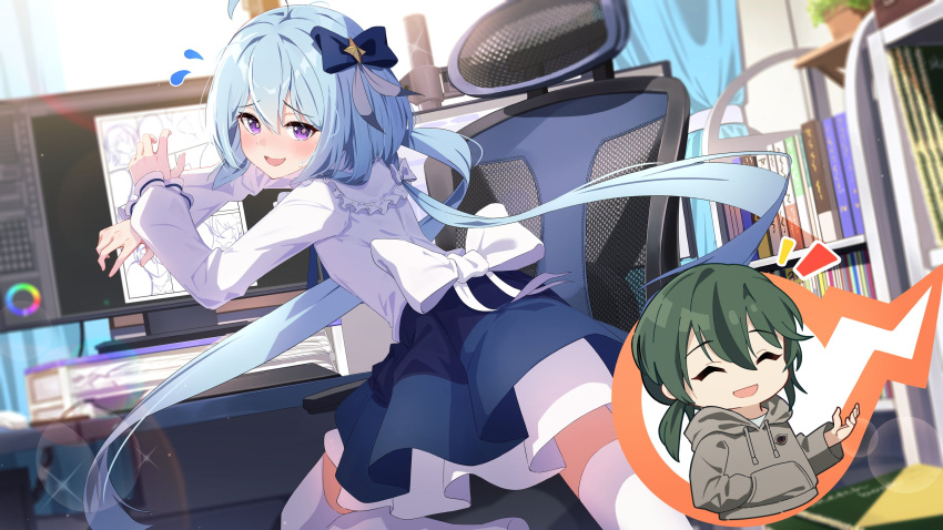 blue_bow blue_hair blue_skirt book bookshelf bow closed_eyes drawing flying_sweatdrops green_hair griseo hair_bow hamanashi_(trapiorra) hand_in_pocket highres honkai_(series) honkai_impact_3rd hood hood_down hoodie indoors kosma long_hair long_sleeves monitor nervous nervous_smile nervous_sweating official_art on_chair open_mouth purple_hair second-party_source shirt sitting skirt smile sweat thigh-highs twintails white_shirt white_thighhighs