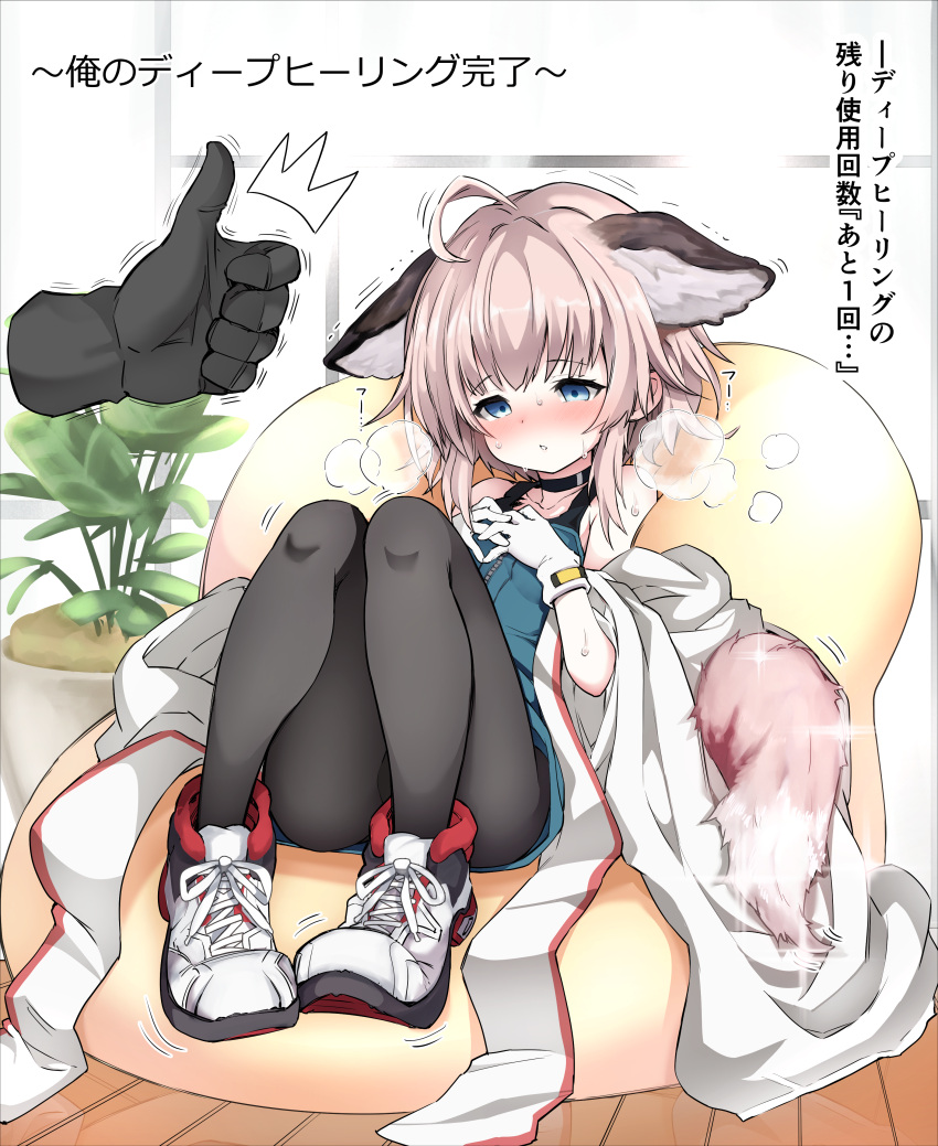 1girl absurdres ahoge animal_ear_fluff animal_ears arknights bare_shoulders black_choker blue_eyes blue_shirt blush choker cloak coat extra_ears fox_ears fox_girl fox_tail full_body gloves hands_on_another's_head hands_on_own_chest heavy_breathing highres indoors infection_monitor_(arknights) interlocked_fingers jacket legs_together looking_at_viewer medic open_cloak open_clothes oripathy_lesion_(arknights) pantyhose petting plant potted_plant shirt short_hair sidelocks sitting solo speech_bubble sussurro_(arknights) sweat tail tatsuhiko thumbs_up translation_request trembling white_coat white_jacket wooden_floor