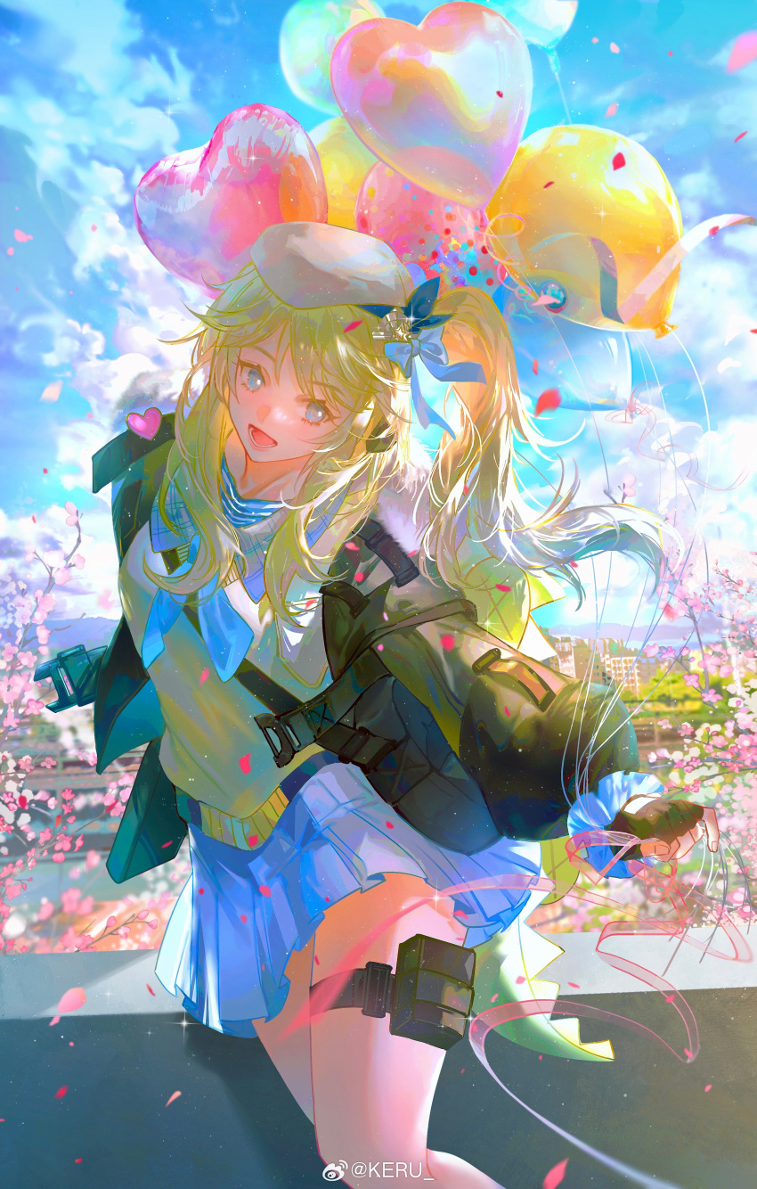 1girl absurdres balloon black_jacket blonde_hair blue_bow blue_skirt bow cherry_blossoms cityscape clouds cloudy_sky girls'_frontline_2:_exilium girls_frontline hair_bow heart_balloon highres jacket keru_(artist) long_hair one_side_up open_clothes open_jacket pouch sidelocks skirt sky solo vepley_(girls'_frontline_2) weibo_username white_headwear
