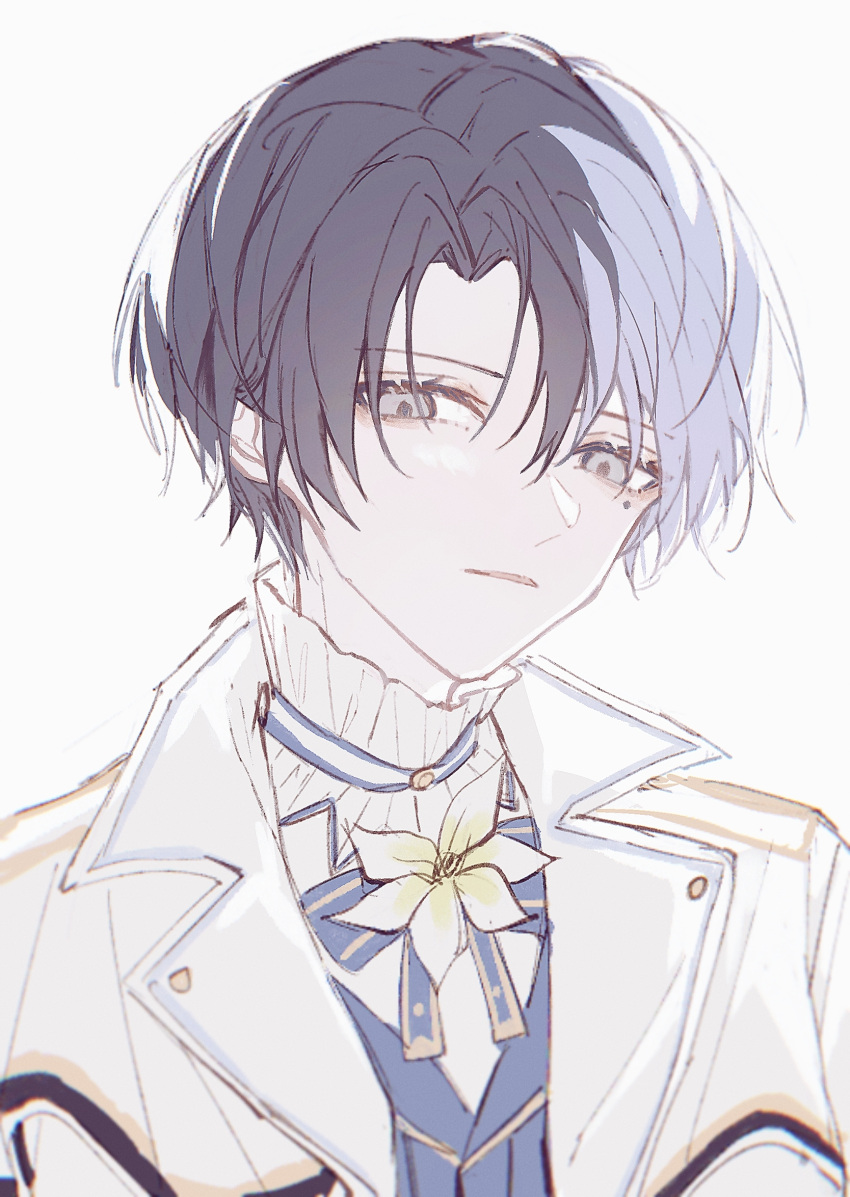 1boy aoyagi_touya blue_hair blue_jacket blue_ribbon coat commentary curtained_hair dark_blue_hair flower formal grey_eyes hair_between_eyes hair_over_one_eye highres jacket lapels light_blue_hair long_bangs looking_at_viewer makino_chisato male_focus mole mole_under_eye multicolored_hair neck_ribbon notched_lapels open_clothes open_coat parted_hair parted_lips project_sekai ribbon shirt simple_background solo split-color_hair suit suit_jacket two-tone_hair two-tone_ribbon upper_body white_background white_coat white_flower white_shirt yellow_ribbon