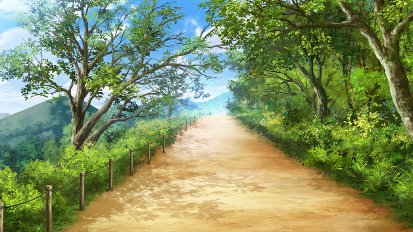 blue_sky clouds day fence film_grain game_cg grass izumi_tsubasu no_humans non-web_source official_art outdoors re:stage! scenery sky trail tree