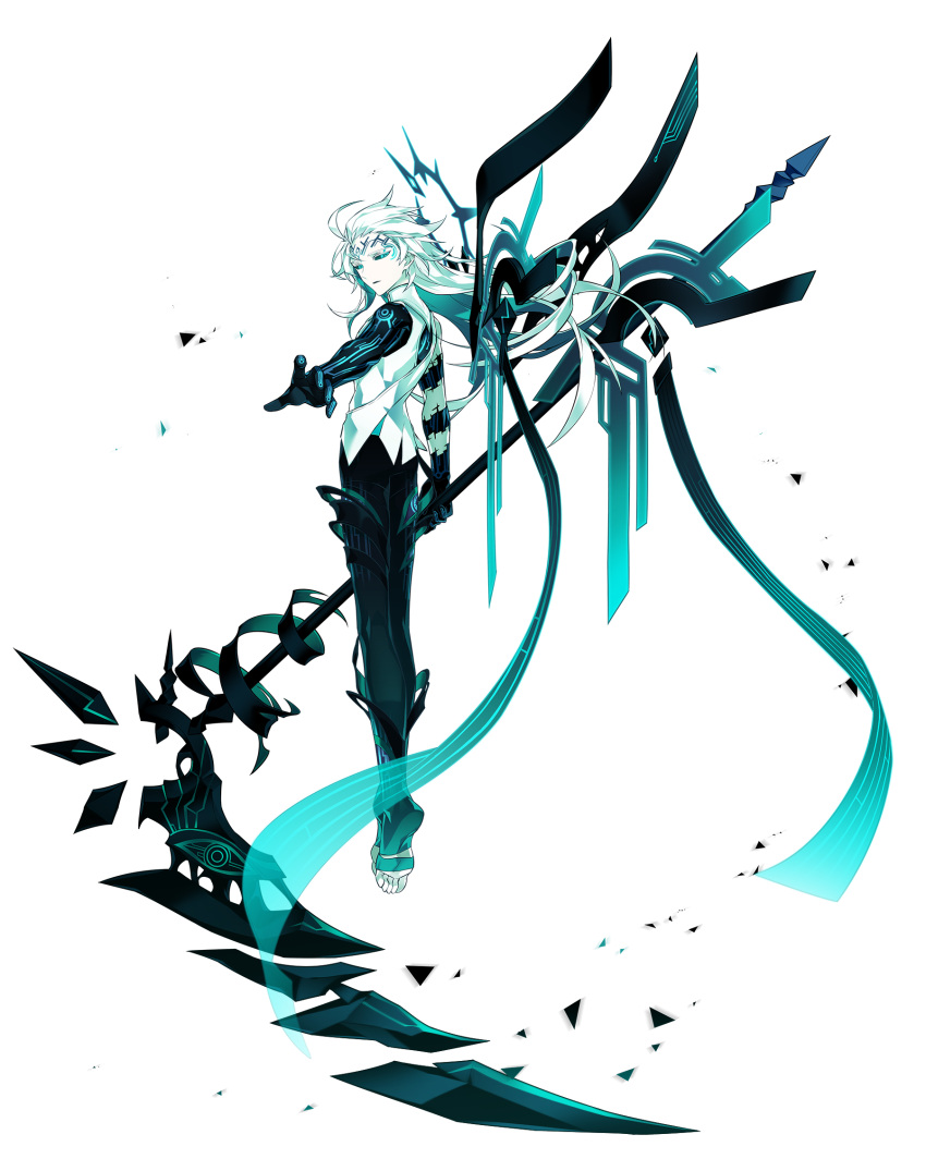 1boy ainchase_ishmael apostasia_(elsword) aqua_eyes aqua_pupils black_pants black_sclera black_skin black_wings body_markings colored_inner_hair colored_sclera colored_skin compass_rose_halo cracked_skin dark_halo dark_persona diamond-shaped_pupils diamond_(shape) elsword energy_wings expressionless eye_symbol facial_tattoo floating from_behind full_body green_hair hair_slicked_back halo halo_behind_head highres holding holding_scythe hole_in_chest hole_on_body hollow_body long_hair looking_at_viewer looking_back male_focus multicolored_hair multicolored_skin multiple_wings official_art outstretched_arm pants parted_lips reaching reaching_towards_viewer ringed_eyes scythe shirt sleeveless sleeveless_shirt solo spikes symbol-shaped_pupils tattoo third-party_source toeless_legwear transparent_background white_hair white_shirt white_skin wings