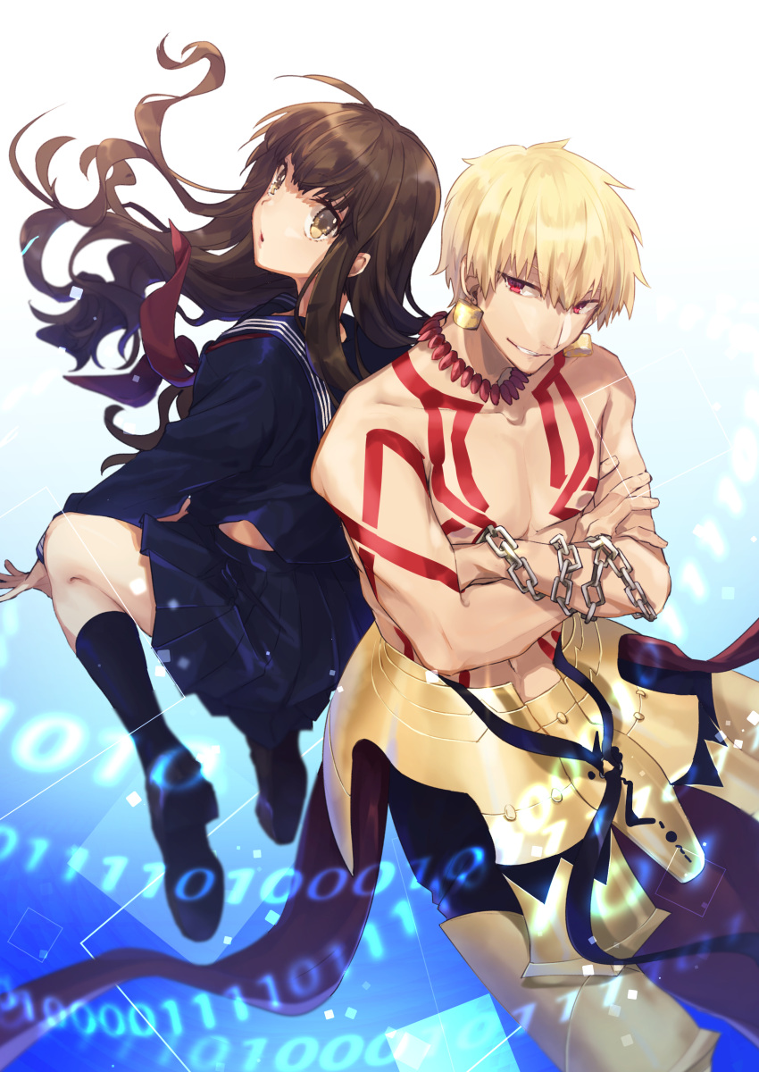 1boy 1girl absurdres ahoge armor back-to-back black_serafuku black_socks blonde_hair body_markings brown_hair chain commentary_request crossed_arms earrings fate/extra fate/extra_ccc fate_(series) gilgamesh_(fate) gold_armor highres hino_hinako jewelry kishinami_hakuno_(female) long_hair looking_at_viewer neckerchief red_eyes red_neckerchief school_uniform serafuku smile socks topless_male tsukumihara_academy_uniform_(fate/extra_ccc) yellow_eyes