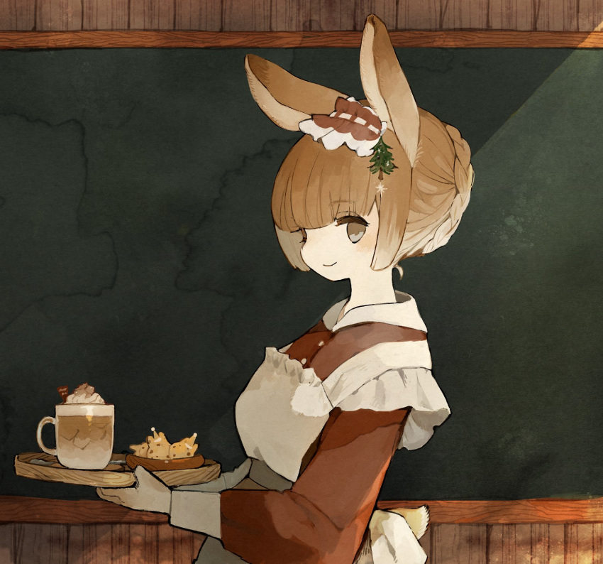 1girl animal_ears apron back_bow blush bow braid brown_eyes brown_hair chalkboard christmas_tree_hair_ornament collared_dress commentary cup dress food hair_ornament highres holding holding_cup holding_tray long_sleeves looking_at_viewer maid maid_headdress original rabbit_ears rabbit_girl rabbit_tail sakutake_(ue3sayu) smile solo symbol-only_commentary tail tray whipped_cream