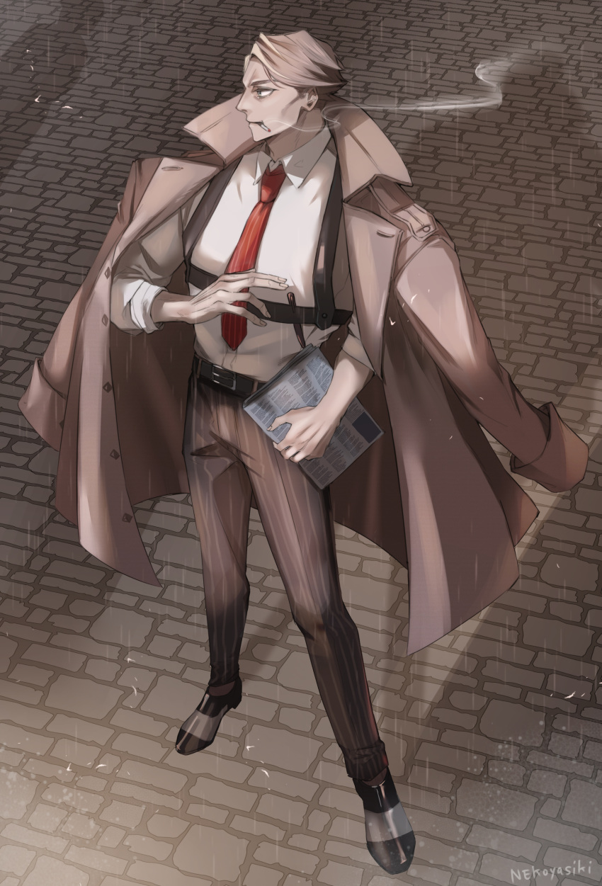 1boy absurdres almond_cookie blush cigarette coat coat_on_shoulders collared_shirt cookie_run feet_out_of_frame highres humanization light_brown_hair looking_at_viewer male_focus mature_male necktie nekoyasiki33 rain shirt short_hair sleeves_rolled_up solo thick_eyebrows undone_necktie white_shirt