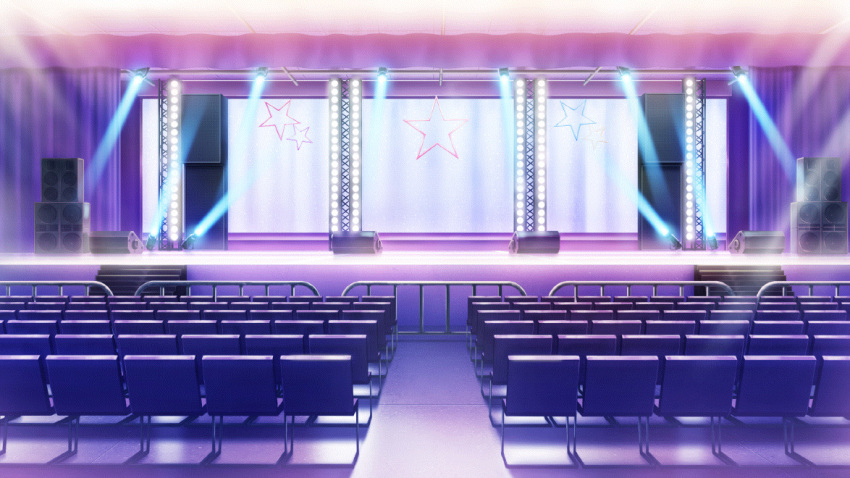 chair film_grain game_cg indoors izumi_tsubasu light_bulb no_humans non-web_source official_art re:stage! scenery screen speaker stage stage_curtains stage_lights stairs star_(symbol) theater theater_seating
