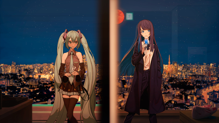 2girls absurdres ado_(utaite) aqua_eyes aqua_hair aqua_necktie bare_shoulders black_bow black_bowtie black_coat black_hair blue_eyes blue_flower blue_hair blue_rose bow bowtie champagne_flute chando_(ado) city_lights closed_mouth cloud_nine_inc coat colored_inner_hair commentary_request cup detached_sleeves dress_shirt drinking_glass earpiece exit_sign flower flower_brooch gloves grey_shirt hair_between_eyes hand_in_pocket hatsune_miku highres holding holding_cup long_hair long_sleeves moon multicolored_hair multiple_girls necktie night open_clothes open_coat open_mouth reflection rose shirt sky sleeveless sleeveless_shirt star_(sky) starry_sky tokyo_(city) tokyo_tower tokyo_wa_yoru_(vocaloid) turu twintails two-tone_hair utaite vocaloid white_gloves white_shirt
