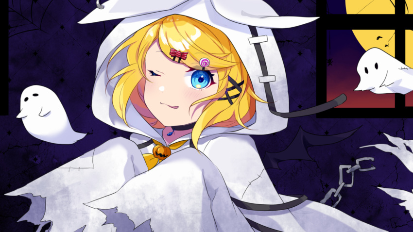 1girl :3 blonde_hair blue_eyes blush broken broken_chain candy_hair_ornament chain choker food-themed_hair_ornament ghost ghost_costume hair_ornament hairclip halloween hood hood_up jack-o'-lantern kagamine_rin long_sleeves looking_at_viewer moon moso4hc neckerchief one_eye_closed pendant_choker short_hair sleeves_past_fingers sleeves_past_wrists smile solo tongue tongue_out vocaloid window x_hair_ornament
