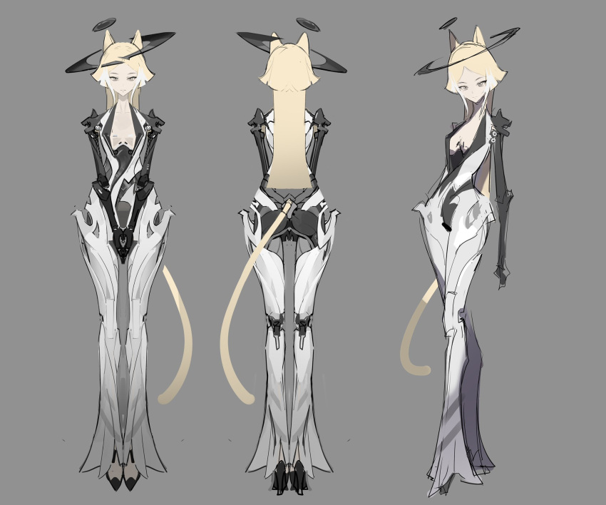 1girl android animal_ears blonde_hair cat_ears cat_tail commentary from_behind full_body grey_background halo highres joints long_hair looking_at_viewer multiple_views nininio original own_hands_together robot_joints standing symbol-only_commentary tail yellow_eyes