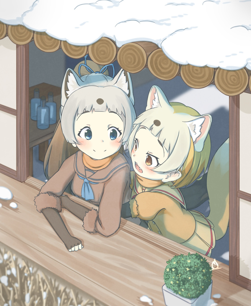 absurdres animal_ears blonde_hair blue_bow blue_eyes blue_neckerchief blunt_bangs blush bow brown_gloves brown_hair brown_sweater elbow_gloves extra_ears fangs fingerless_gloves gloves grey_hair hair_bow highres hug japanese_marten_(kemono_friends) kemono_friends kemono_friends_3 long_hair long_sleeves multicolored_hair neckerchief onefiresticks open_mouth orange_scarf pleated_skirt ponytail puffy_short_sleeves puffy_sleeves sable_(kemono_friends) sailor_collar scarf short_hair short_sleeves sidelocks skirt smile snow sweater tail two-tone_hair white_hair white_skirt yellow_eyes yellow_sweater