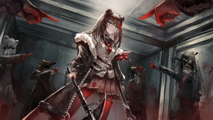 6+girls absinthe_(arknights) animal_ears arknights axe bear_ears bear_girl blood blood_in_hair blood_on_clothes blood_on_face blue_eyes brown_coat brown_hair brown_sailor_collar brown_skirt coat cowboy_shot fur-trimmed_coat fur_trim gloves gummy_(arknights) highres holding holding_axe holding_weapon indoors istina_(arknights) long_sleeves multicolored_hair multiple_girls neckerchief on_(yattemasu) open_clothes open_coat pleated_skirt pointing pointing_at_another red_gloves red_neckerchief redhead sailor_collar skirt solo_focus streaked_hair vest weapon white_vest zima_(arknights)