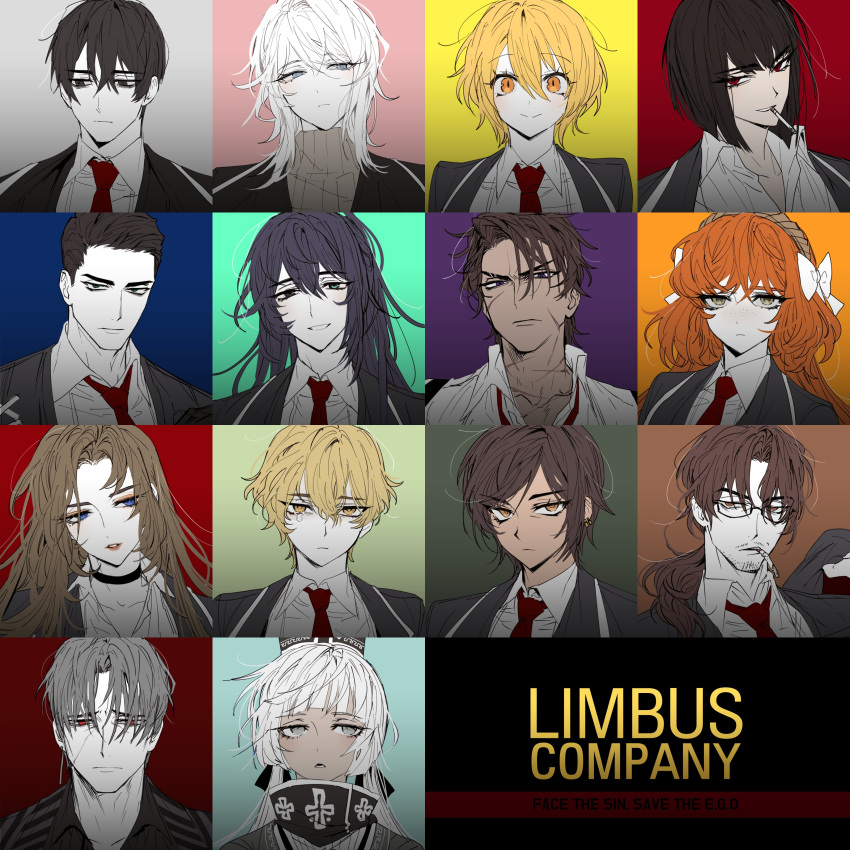 6+boys 6+girls absurdres black_eyes black_hair black_vest blonde_hair blue_eyes brown_eyes brown_hair brown_sweater charon_(project_moon) cigarette closed_mouth collared_shirt don_quixote_(project_moon) faust_(project_moon) glasses gregor_(project_moon) heathcliff_(project_moon) highres hong_lu_(project_moon) ishmael_(project_moon) limbus_company long_hair looking_at_viewer meursault_(project_moon) multiple_boys multiple_girls necktie orange_hair outis_(project_moon) project_moon red_eyes red_necktie remsrar rodion_(project_moon) ryoshu_(project_moon) shirt short_hair sinclair_(project_moon) sweater vergilius_(project_moon) very_long_hair vest white_hair white_shirt yellow_eyes yi_sang_(project_moon)