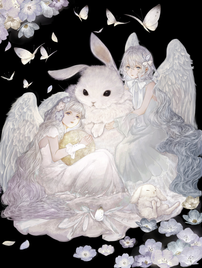 2girls absurdres angel_wings animal black_background blue_eyes bug butterfly butterfly_hair_ornament commentary_request detached_sleeves dress expressionless feathered_wings flower grey_dress grey_hair hair_flower hair_ornament highres long_hair looking_at_viewer multiple_girls original oversized_animal parted_lips petals rabbit shirone_(coxo_ii) sitting very_long_hair violet_eyes white_butterfly white_dress white_rabbit_(animal) white_wings wings