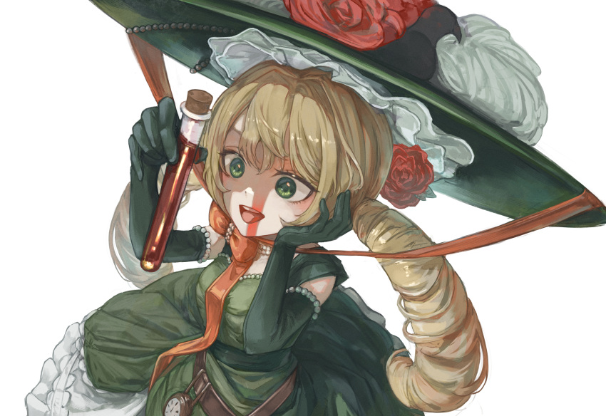 1girl absurdres ambiguous_red_liquid amused belt blonde_hair bow bowtie bracelet braid chin_strap dress elbow_gloves feet_out_of_frame flower_hat frilled_dress frills gloves green_eyes hair_between_eyes hand_on_own_head highres holding_vial jewelry koongsim large_hat long_hair necklace open_mouth pearl_bracelet pearl_necklace pendant_watch refraction reverse:1999 solo sotheby strapless strapless_dress teeth twin_braids upper_teeth_only very_long_hair